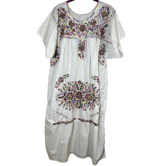 Handmade Floral Midi Dress M White Embroidery Colorful Boho Western Mexican 80s - Picture 1 of 10